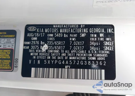 2018 Kia Sorento 3.3L Lx из США, поврежденный, VIN 5XYPG4A57JG383362